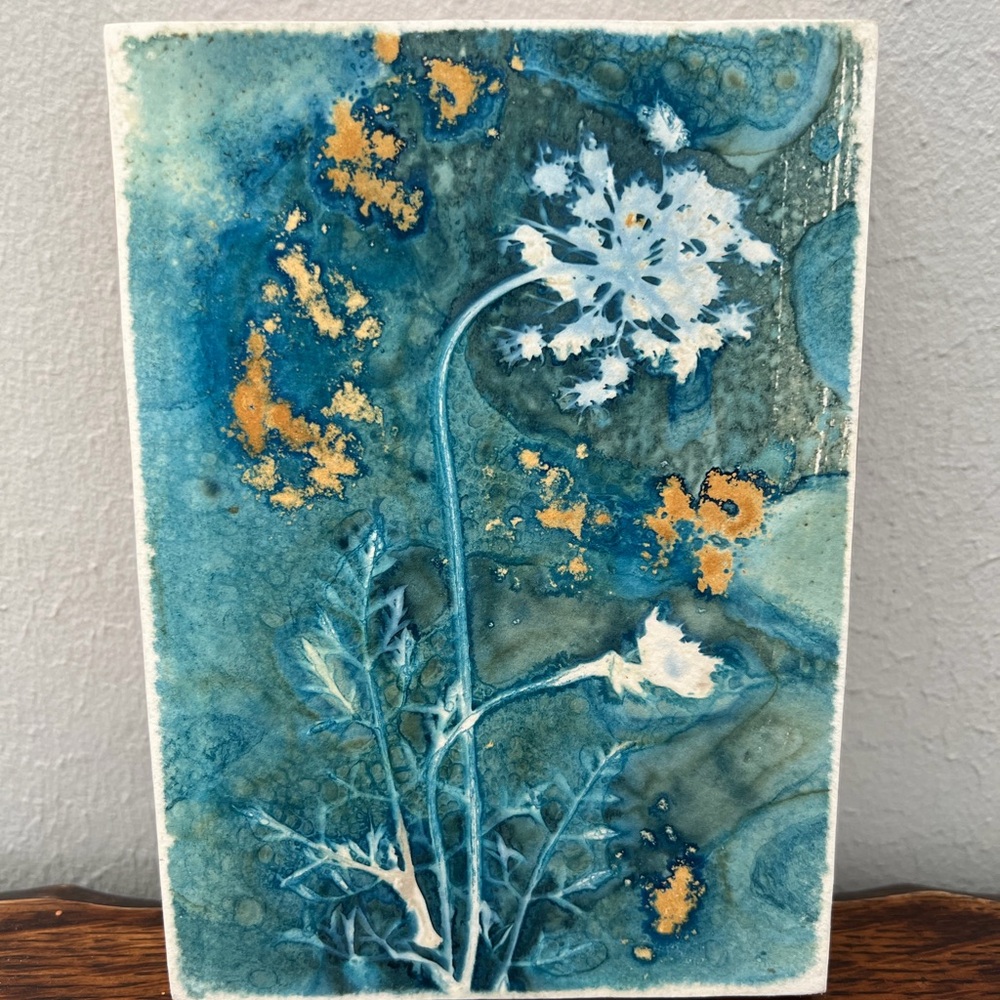 Blue & Gold Cyanotype “Queen Anne’s Lace” One of a kind, handmade original, 5x7